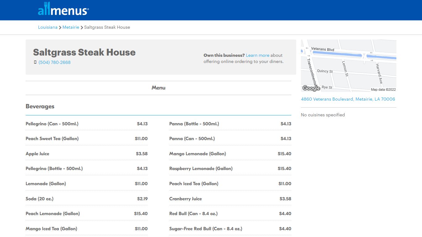 Saltgrass Steak House menu - Metairie LA 70006 - (504) 780-2668 - Allmenus