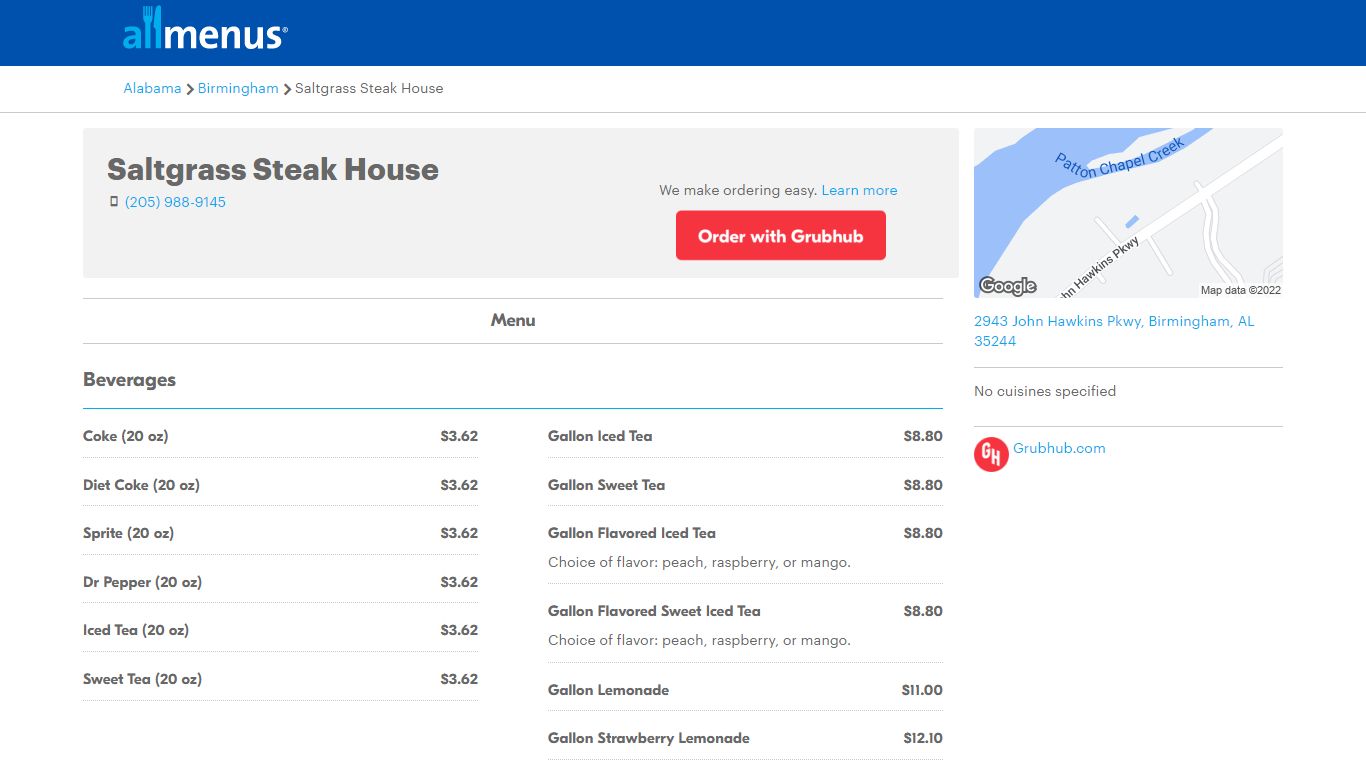 Saltgrass Steak House menu - Birmingham AL 35244 - (205) 988 ... - Allmenus